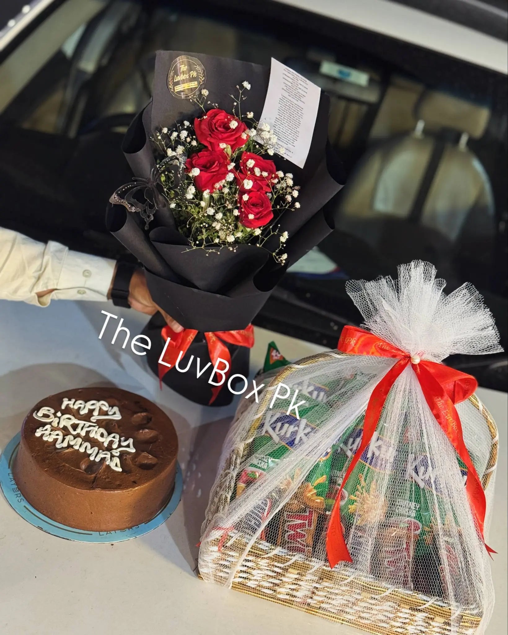 Luxe Celebration Combo: Flowers, Cake & Chocolate Basket