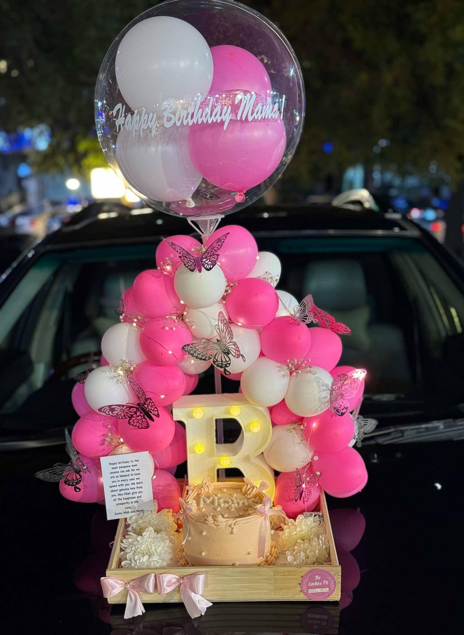 Wooden Tray with Balloon Arch, LED Letter, Custom Cake & Flowers