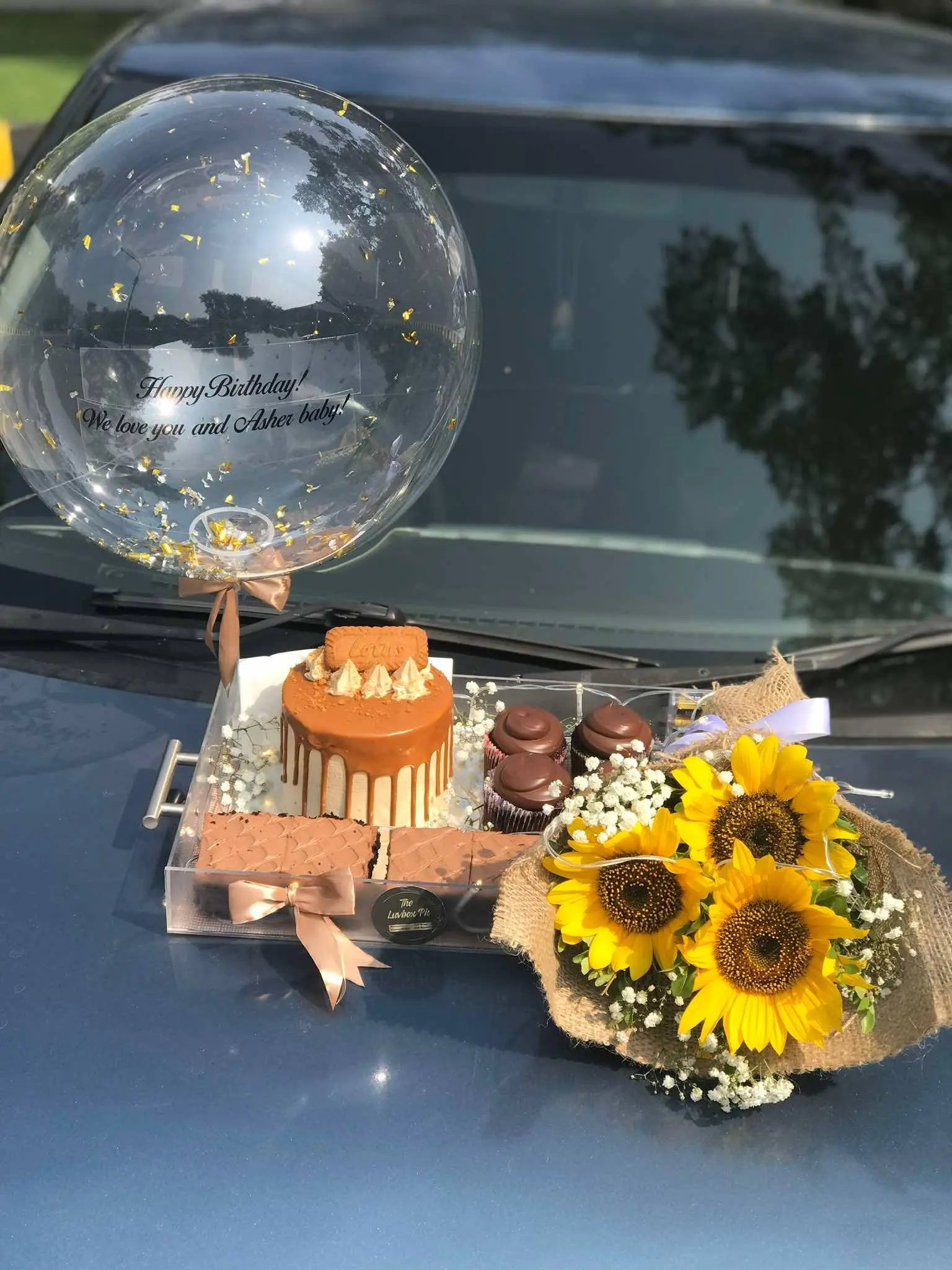 Sunflower & Sweet Treats Acrylic Tray | Cupcakes, Cake, Brownies & Custom Balloon