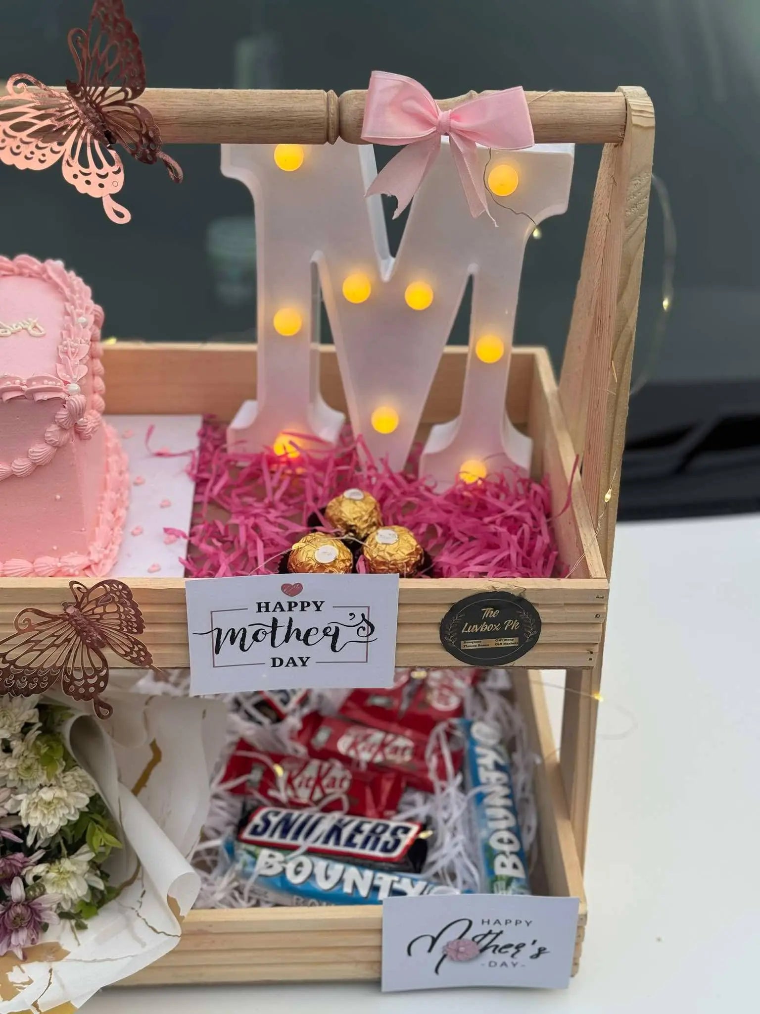 Mom’s Delight Wooden Basket – 2Tier Gift with Cake, Bear, Chocolates & Flowers