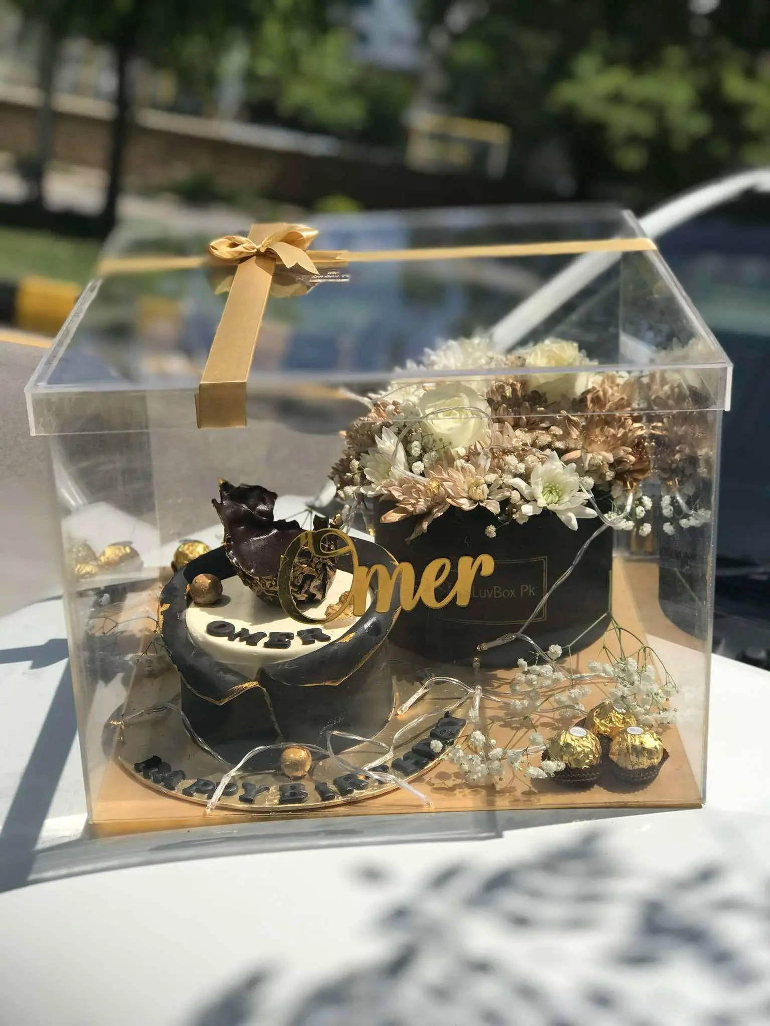 Forever Bloom Acrylic Gift Box with Custom Cake, Ferreros & Floral Touch
