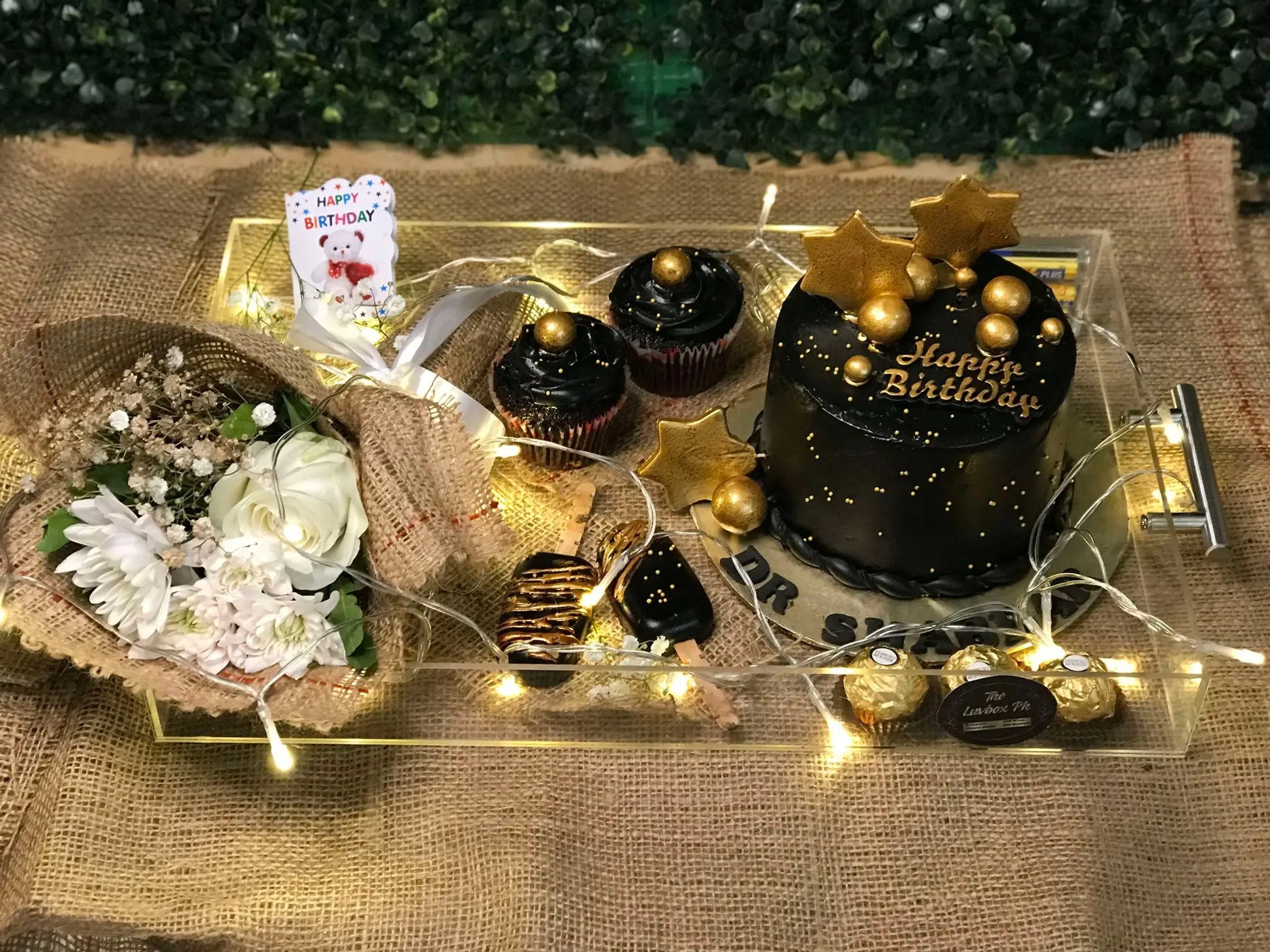 Signature Acrylic Tray with Cake, Cupcakes & Bouquet