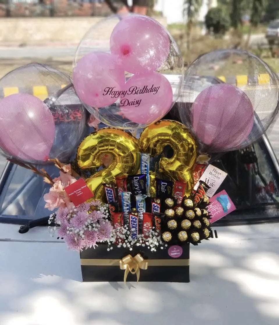 Ultimate Luxury Flower Box – Customized Balloons, Premium Chocolates & Roses