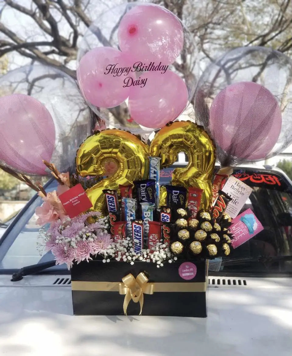 Ultimate Luxury Flower Box (II) – Customized Balloons, Premium Chocolates & Roses