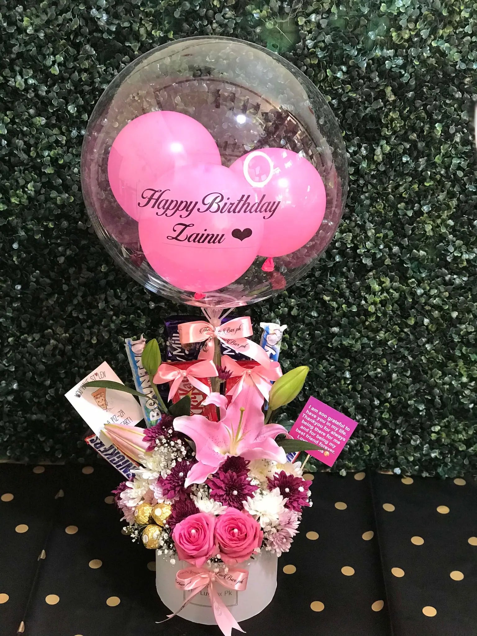 Birthday Balloon Box with Lilies, Chrysanthemums & Chocolates