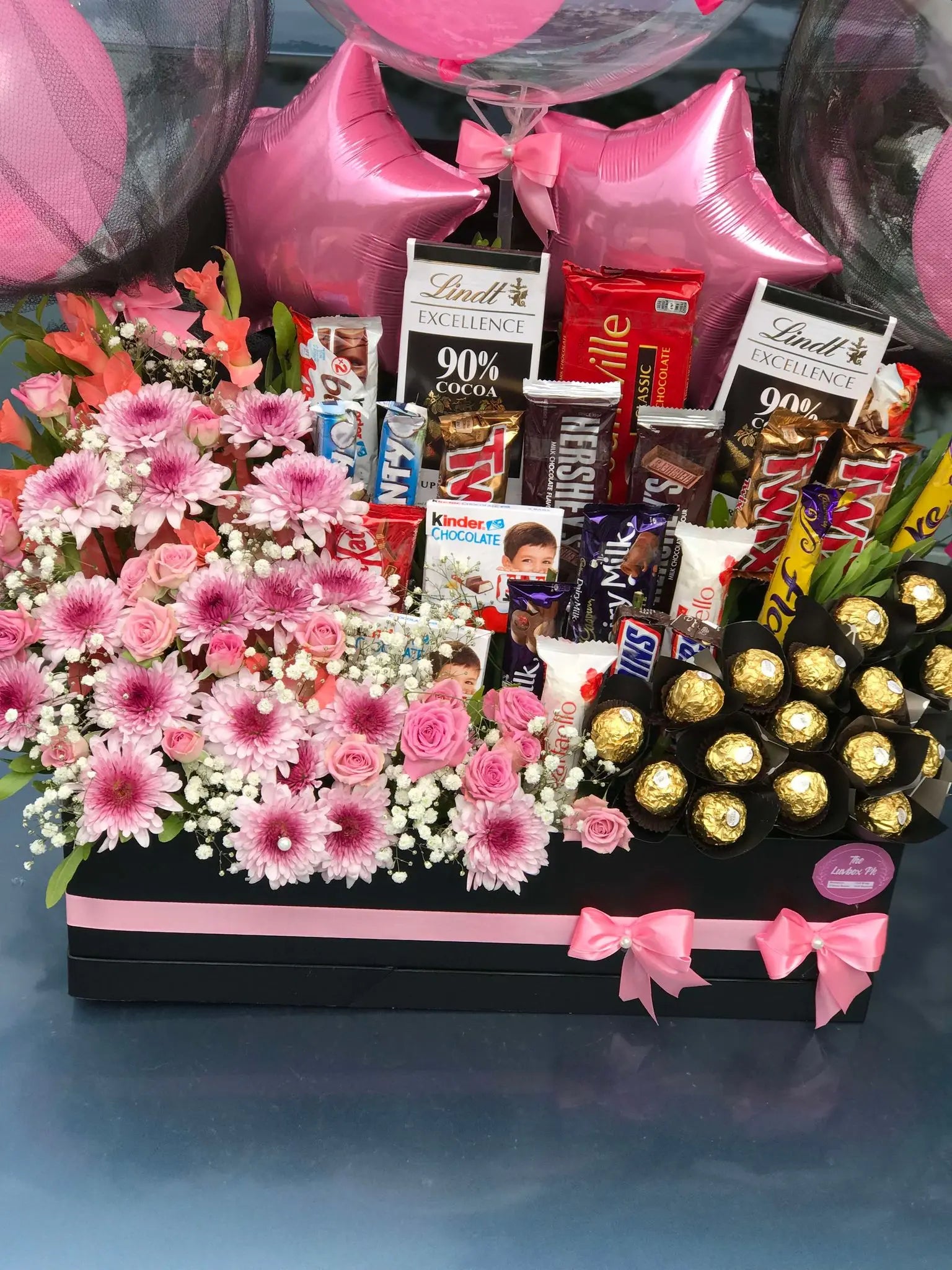 Ultimate Luxury Flower Box – Customized Balloons, Premium Chocolates & Roses