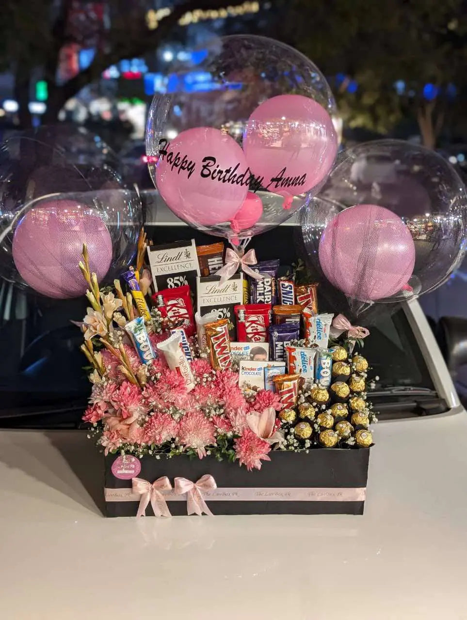 Ultimate Luxury Flower Box โ Customized Balloons, Premium Chocolates & Roses
