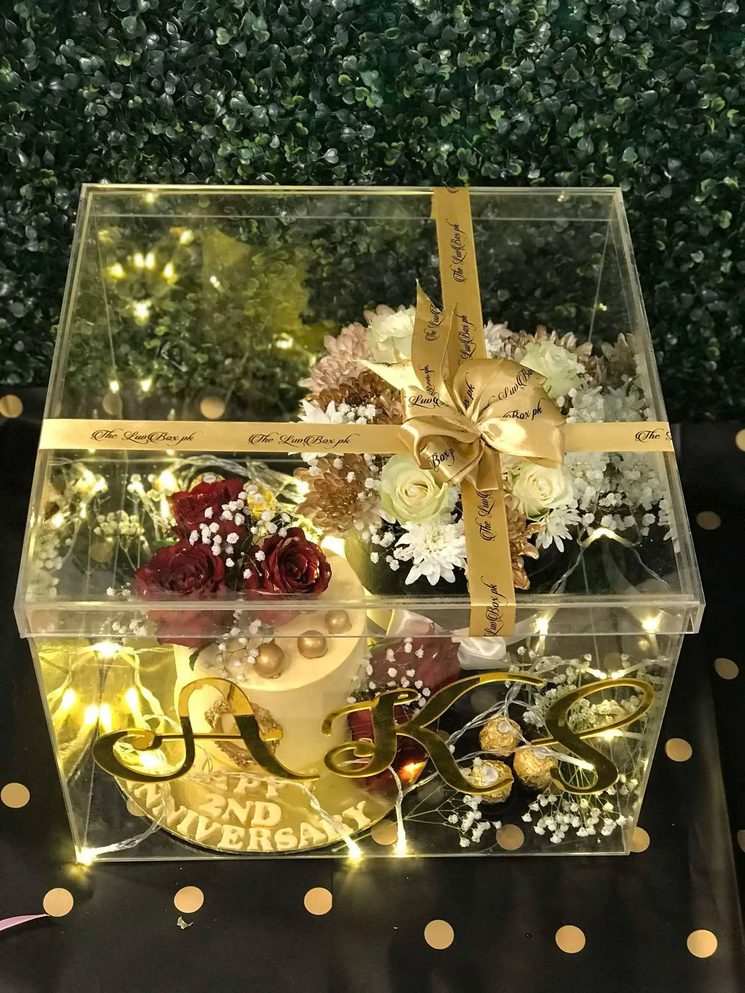 Forever Bloom Acrylic Gift Box with Custom Cake, Ferreros & Floral Touch