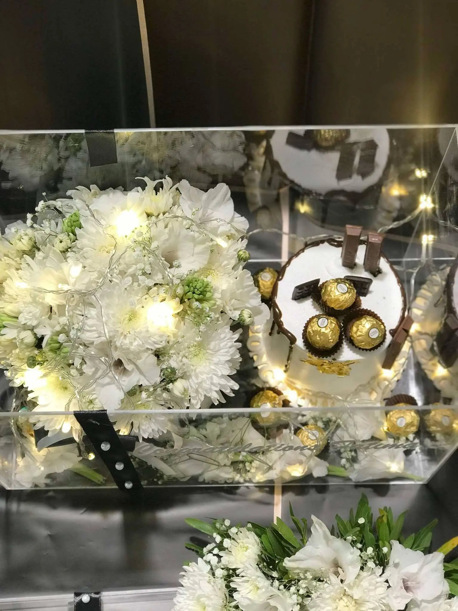 Graduation Luxe Acrylic Box – Flowers, Cake & Ferrero