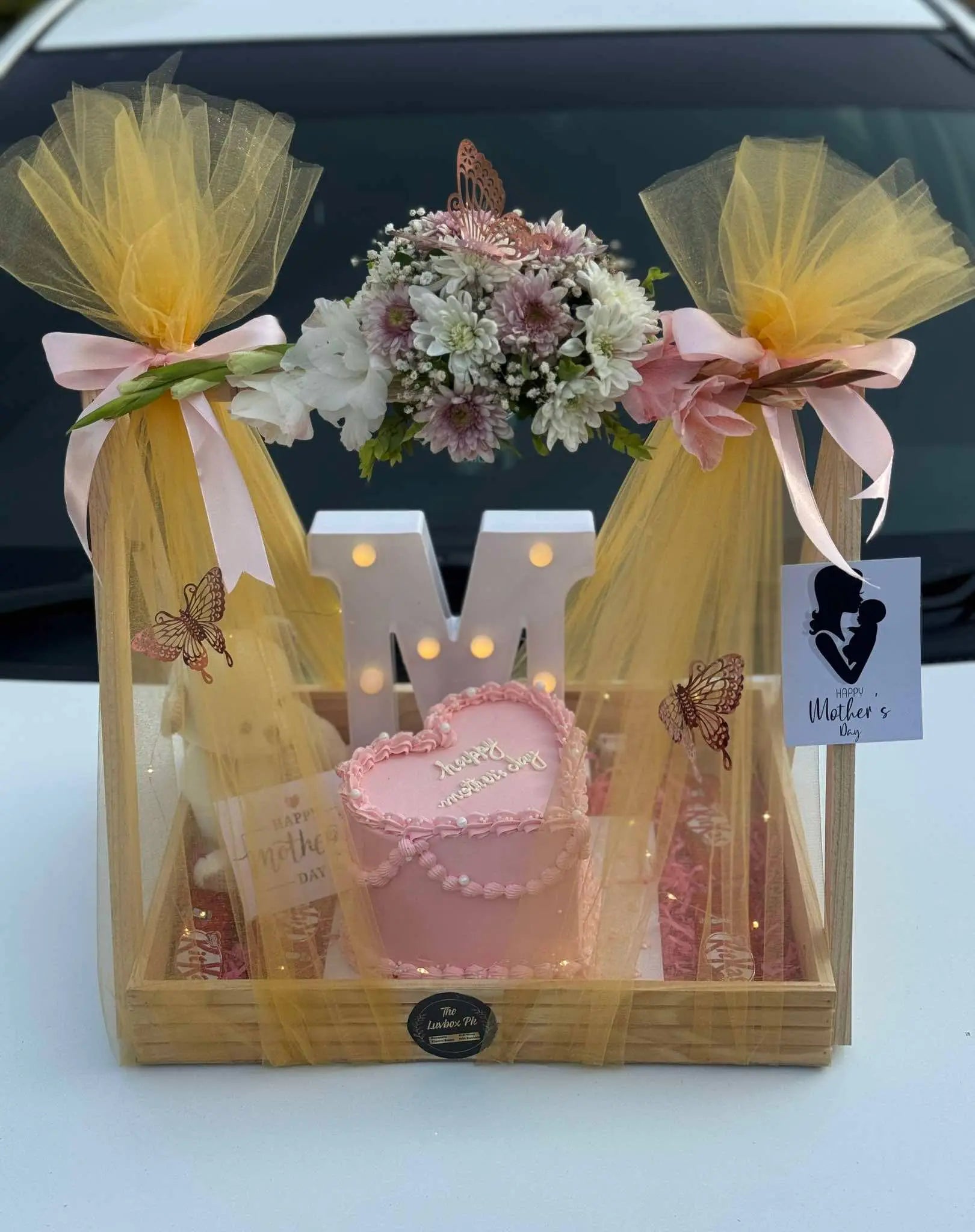 Heartful Moments Basket – Cake, Bear & Chocolates in Wooden Tray