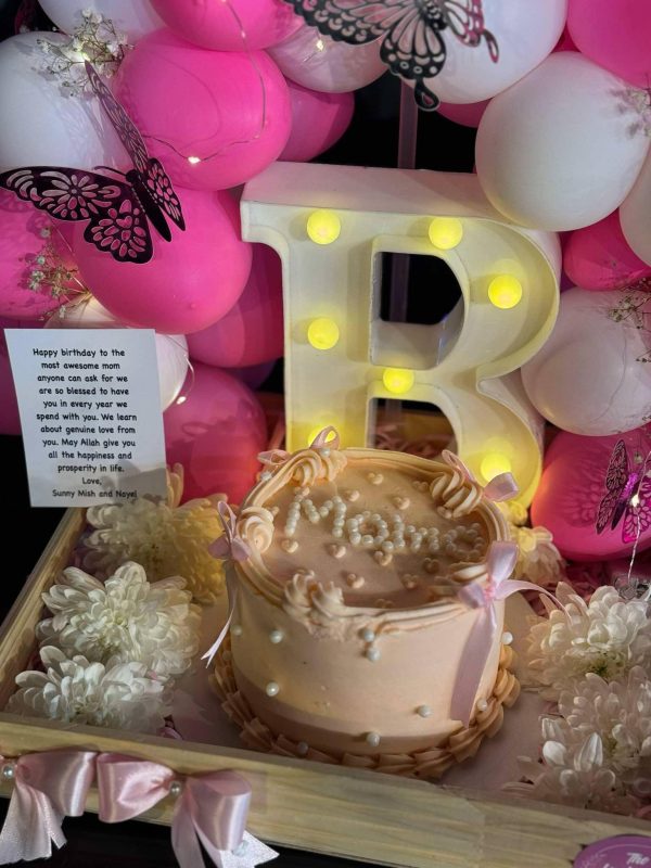 Wooden Tray with Balloon Arch, LED Letter, Custom Cake & Flowers