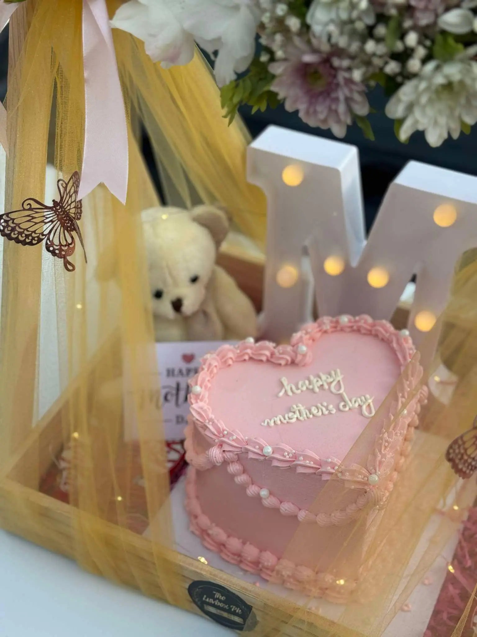 Heartful Moments Basket – Cake, Bear & Chocolates in Wooden Tray