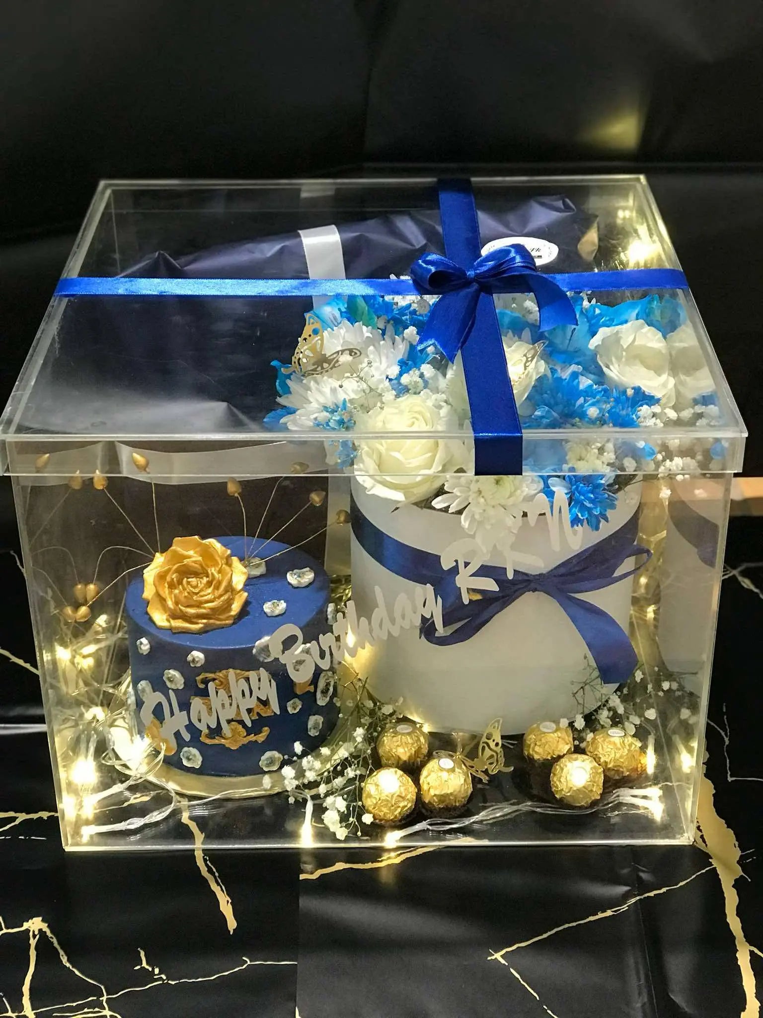 Forever Bloom Acrylic Gift Box with Custom Cake, Ferreros & Floral Touch