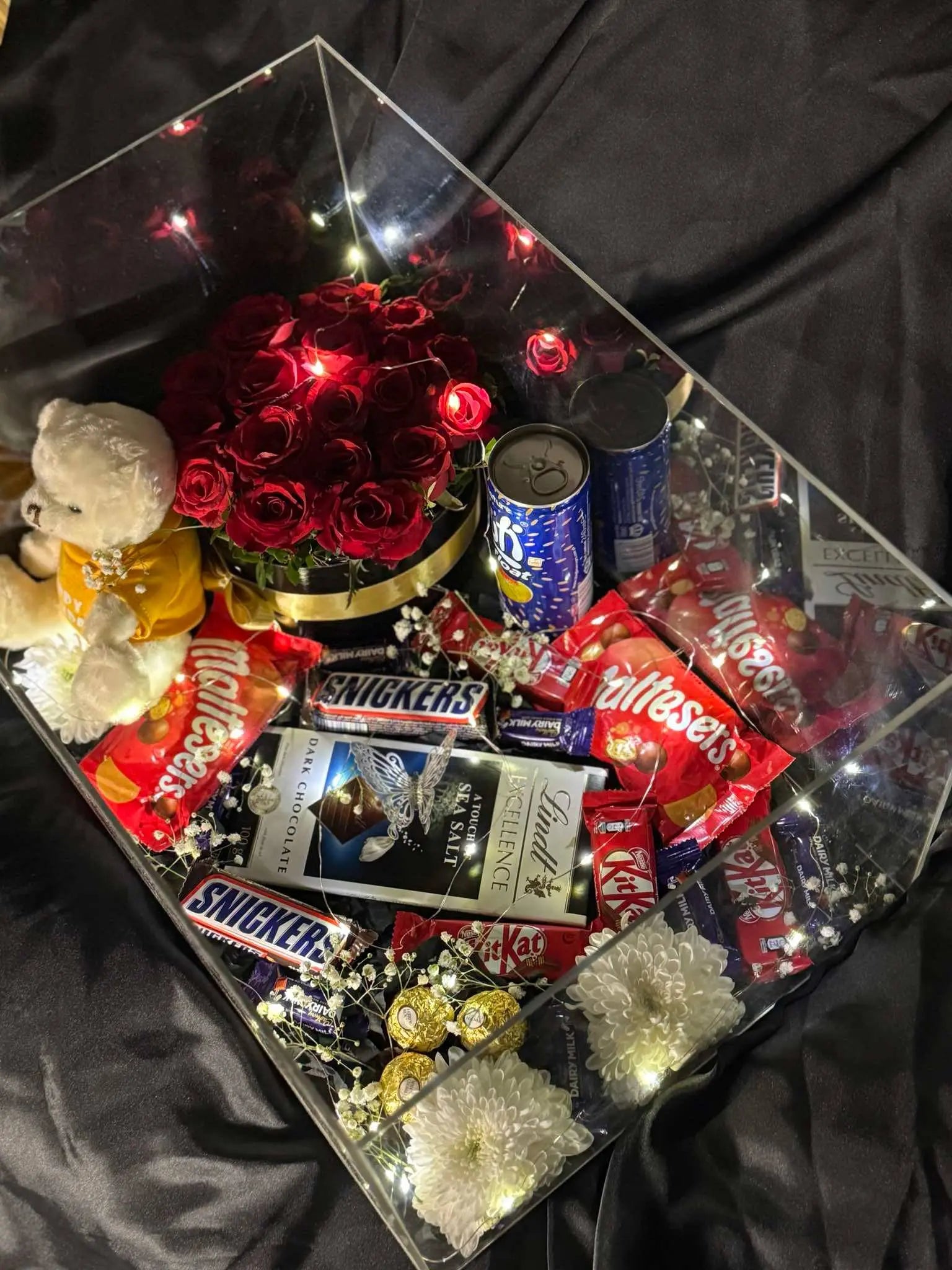 XL Chocolate & Rose Acrylic Box with Teddy - Kids Gift Box