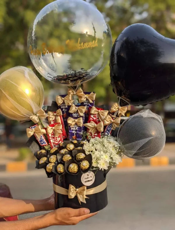 Balloon Gift Box with Luxe Chocolates & Fresh Flowers