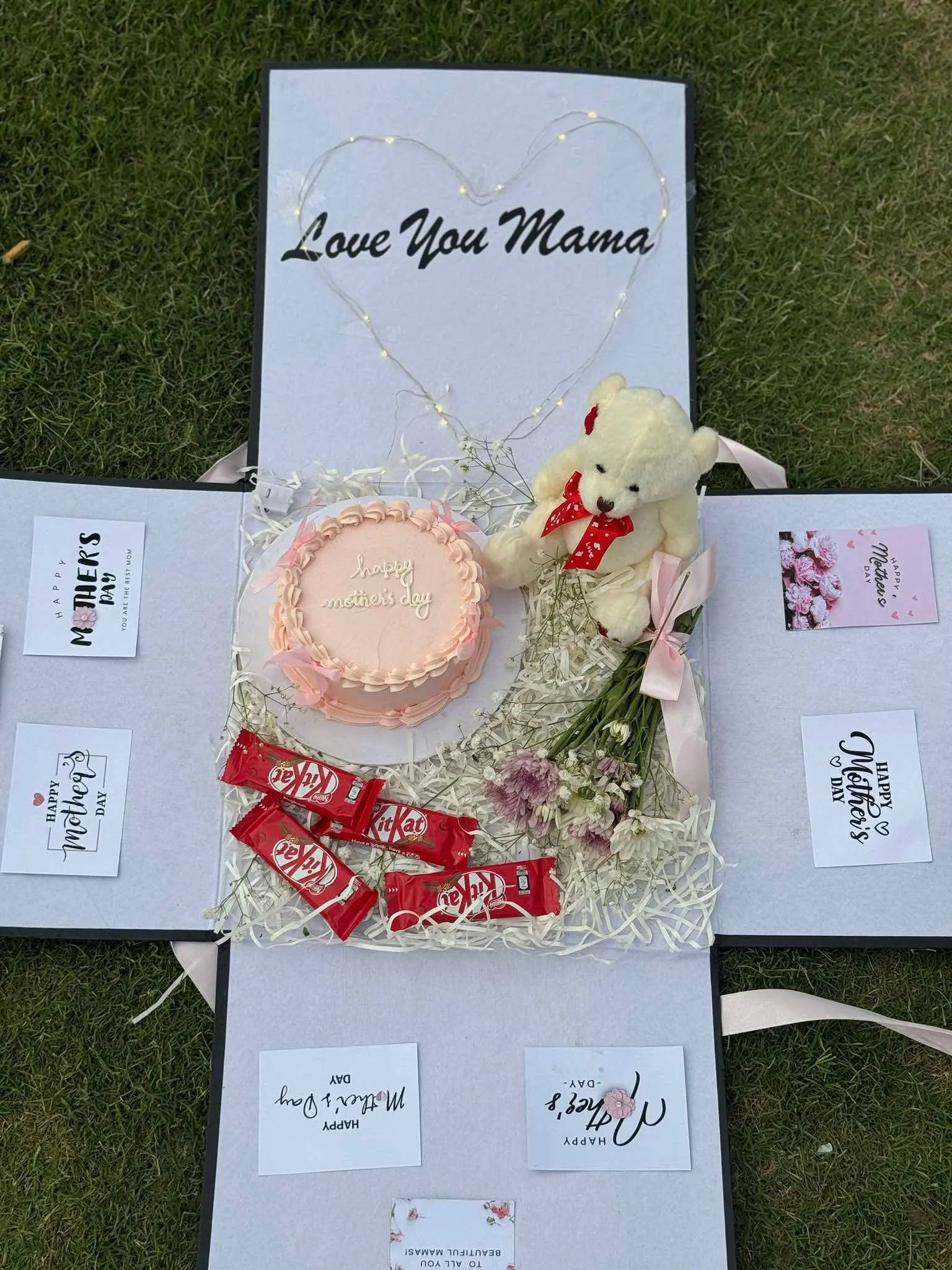4-Sided Surprise Gift Box with Cake, Flowers, Teddy & Custom Message