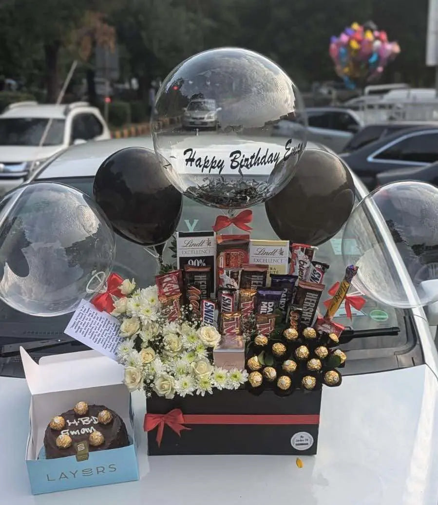 Ultimate Luxury Flower Box – Customized Balloons, Premium Chocolates & Roses