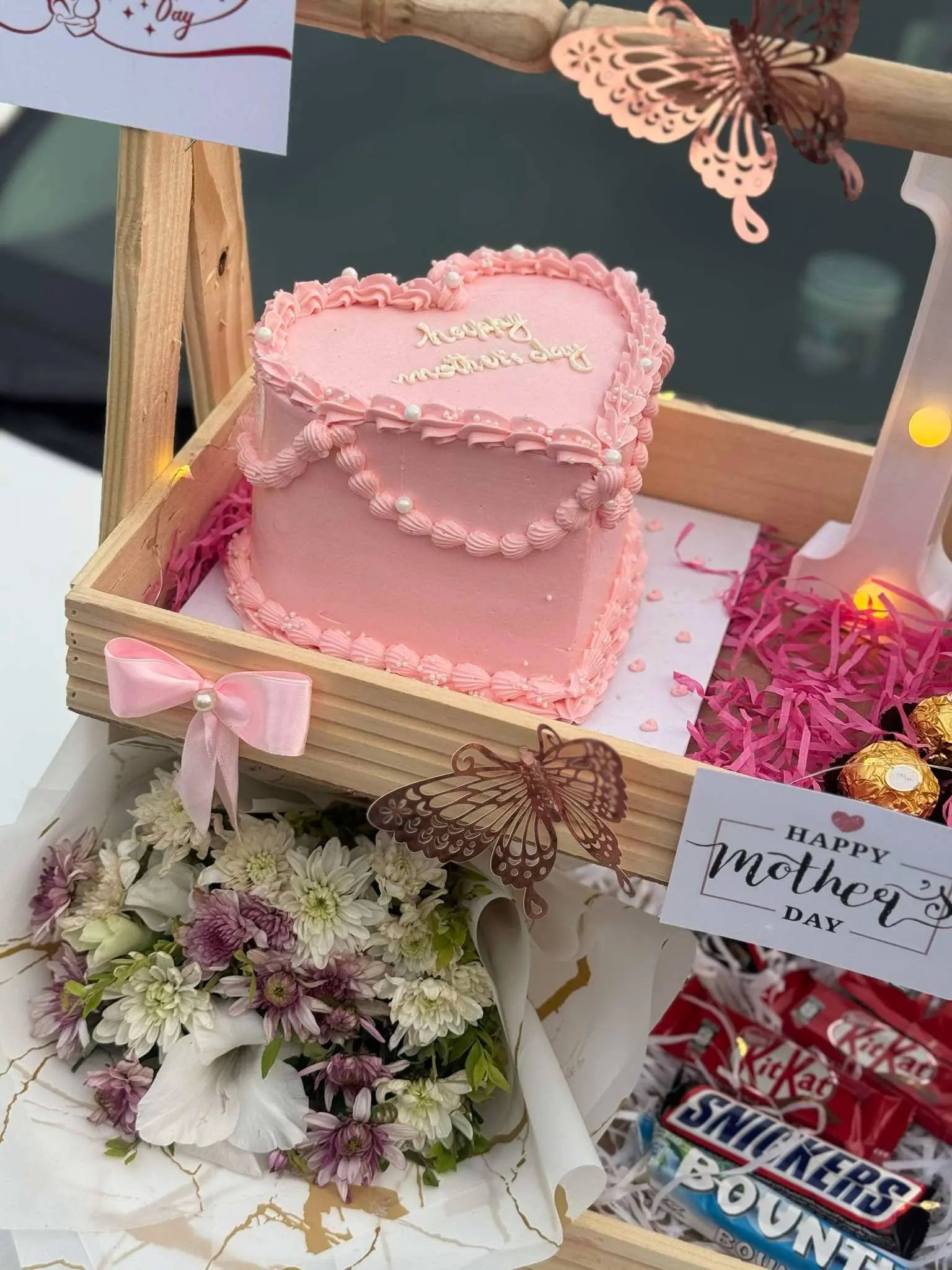 Mom’s Delight Wooden Basket – 2Tier Gift with Cake, Bear, Chocolates & Flowers