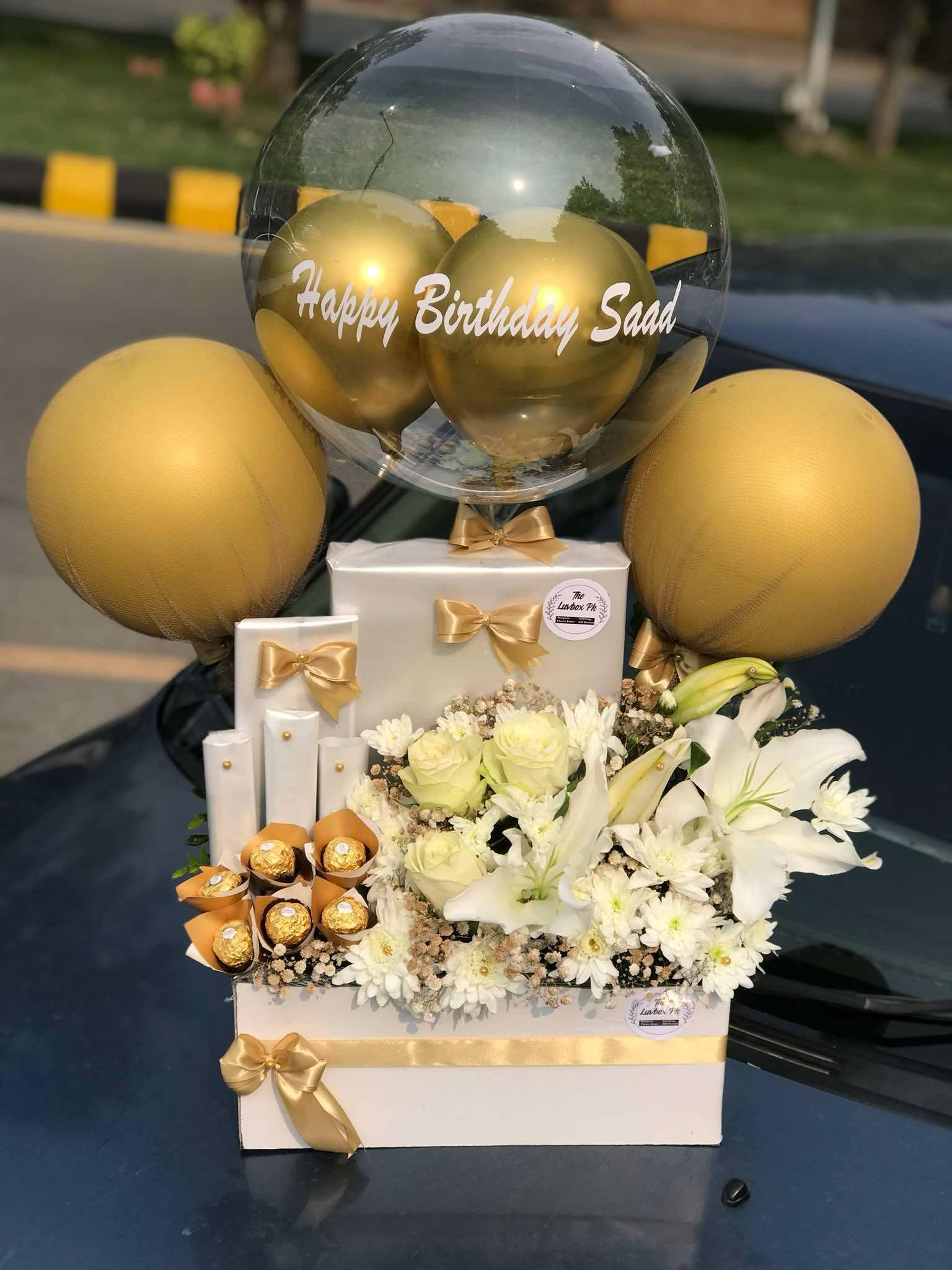White Elegance Birthday Balloon Box for Him | Premium Chocolates & Flowers