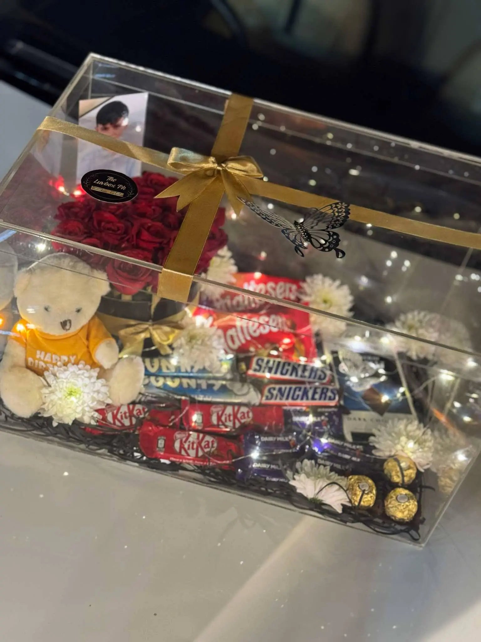 XL Chocolate & Rose Acrylic Box with Teddy - Kids Gift Box
