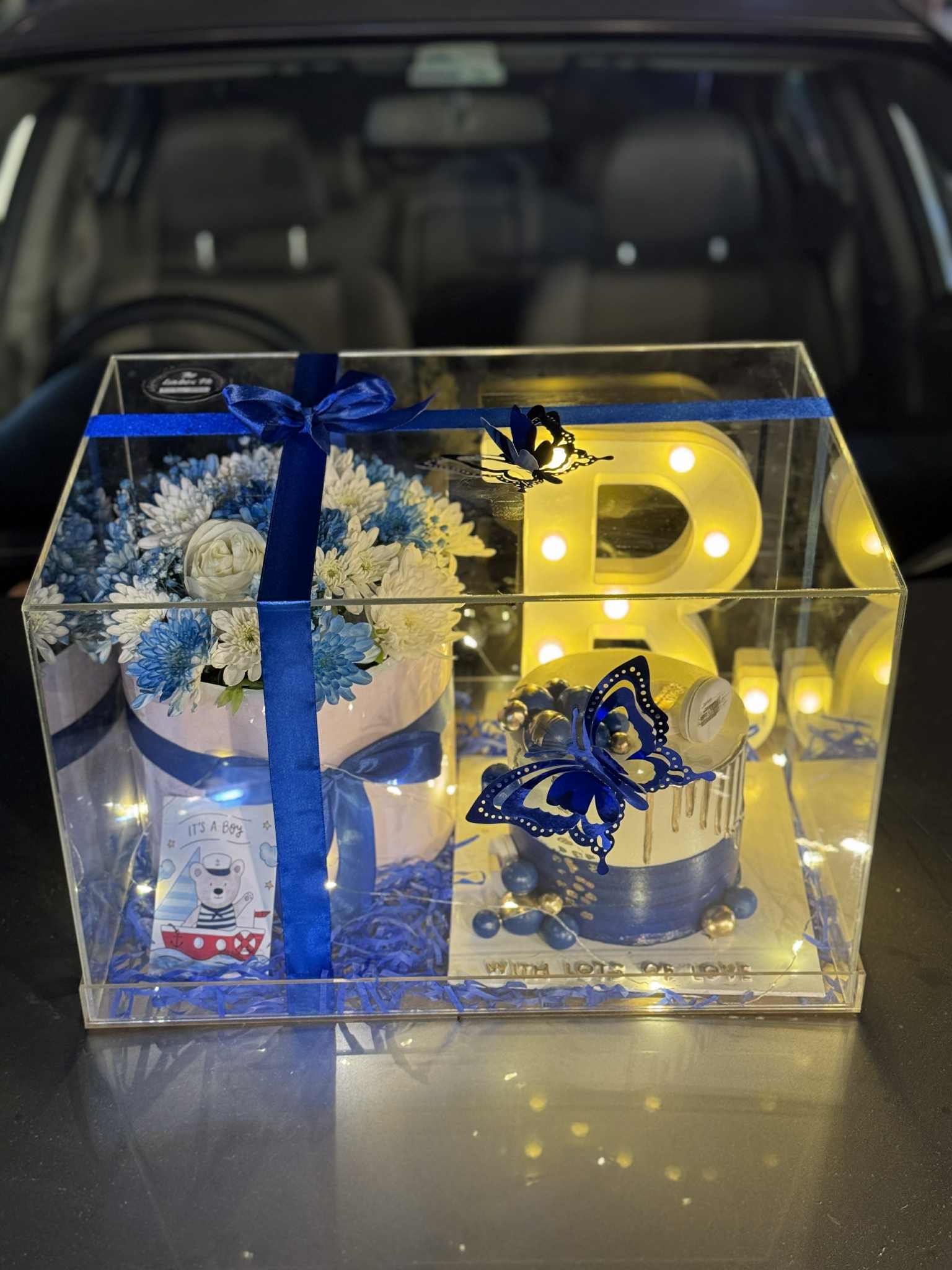 Luxury acrylic box with custom cake, LED letter, and flower box – gift shop in Islamabad