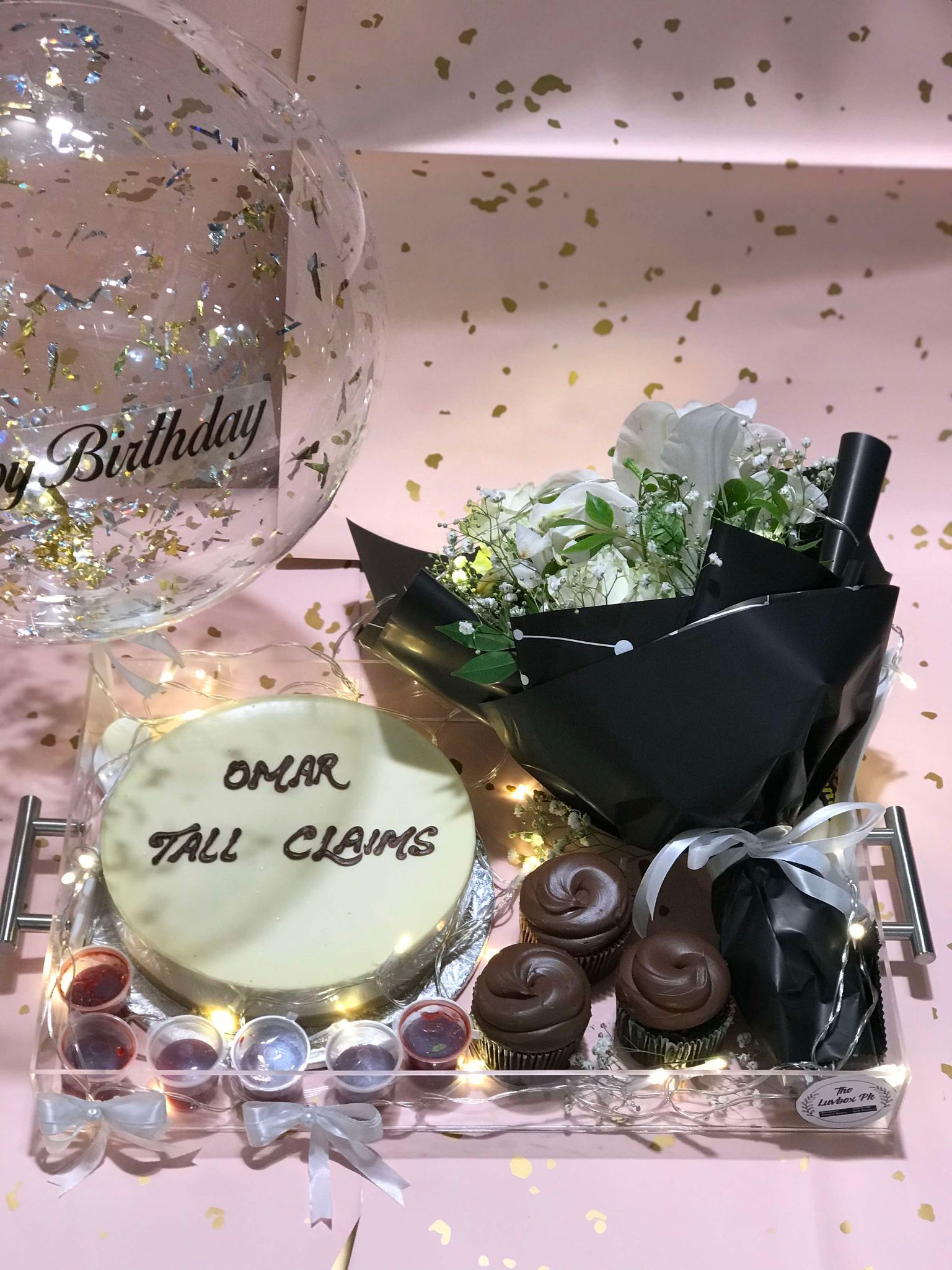 Celebration Acrylic Tray with Cake, Cupcakes, Flowers & Balloon
