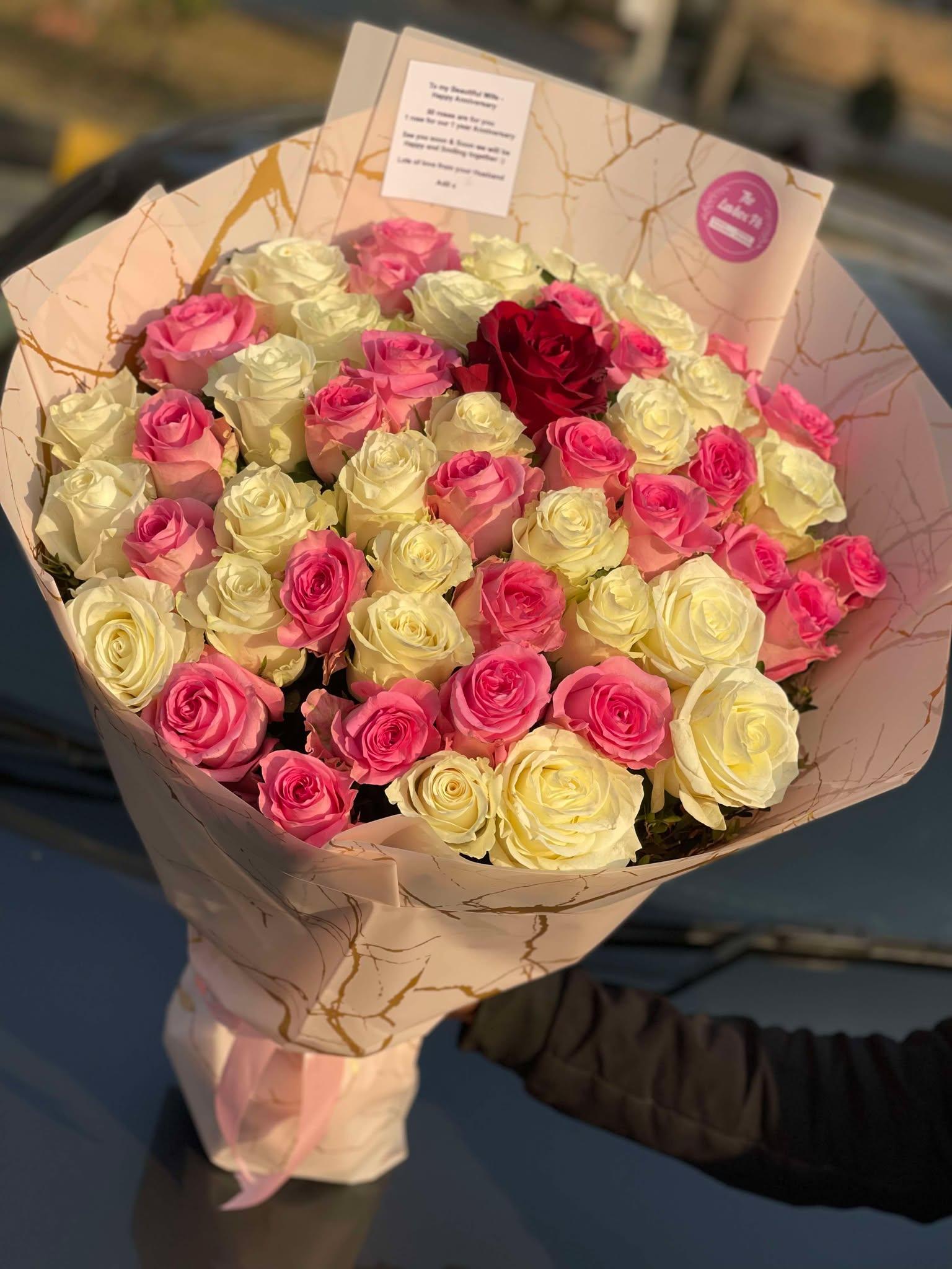 Mom’s Blush – 50 Imported Pink & White Roses Bouquet