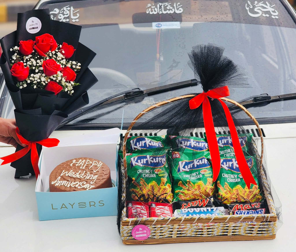 Luxe Celebration Combo: Flowers, Cake & Chocolate Basket - Royal Gift Shop Islamabad