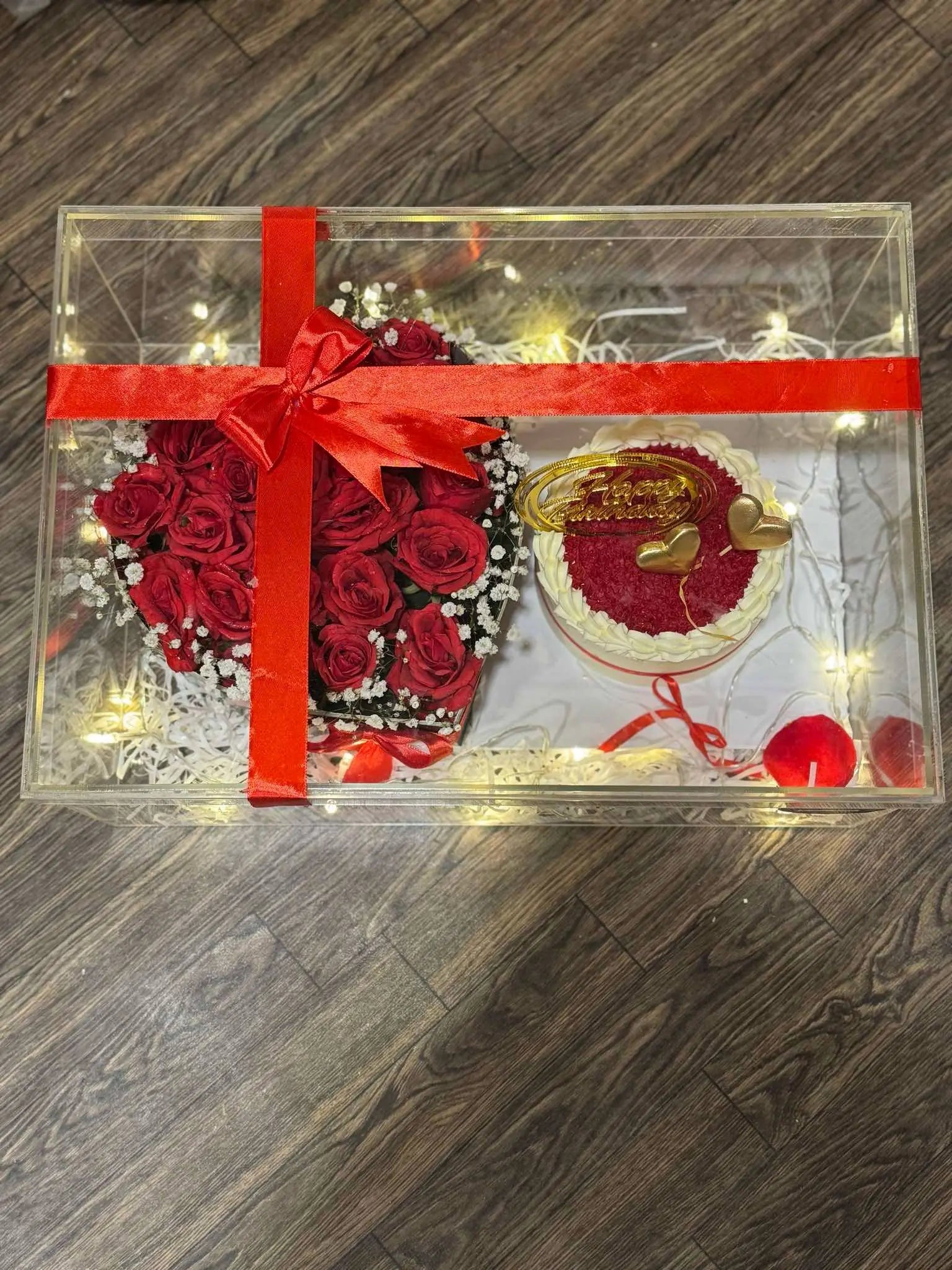Eternal Elegance Anniversary Box – Luxury Acrylic Cake & Flower Combo