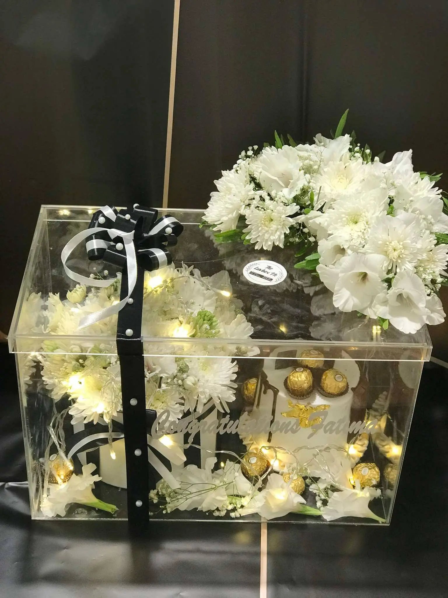 Graduation Luxe Acrylic Box – Flowers, Cake & Ferrero