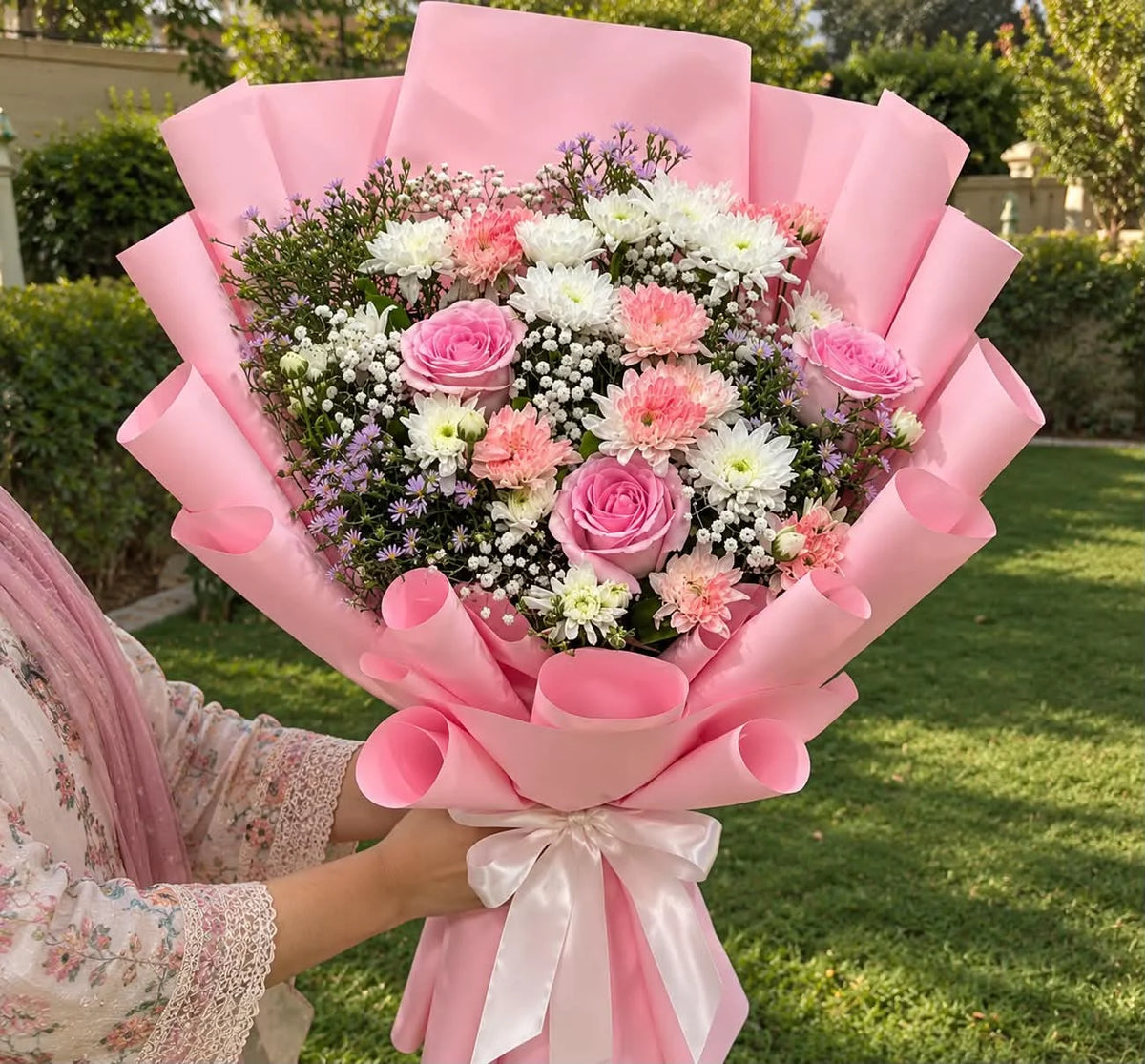 Beautiful mixed flower bouquet featuring pink white and purple blooms elegantly arranged in soft pink wrapping as a romantic gift for her
