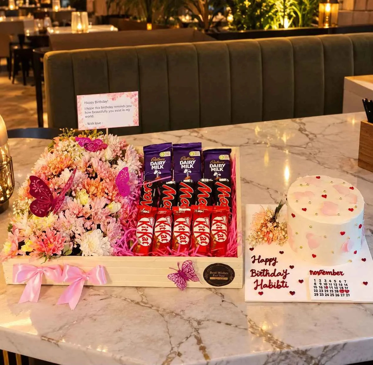 Birthday Bloom & Bliss – Custom Cake, Chocolates & Flower Tray