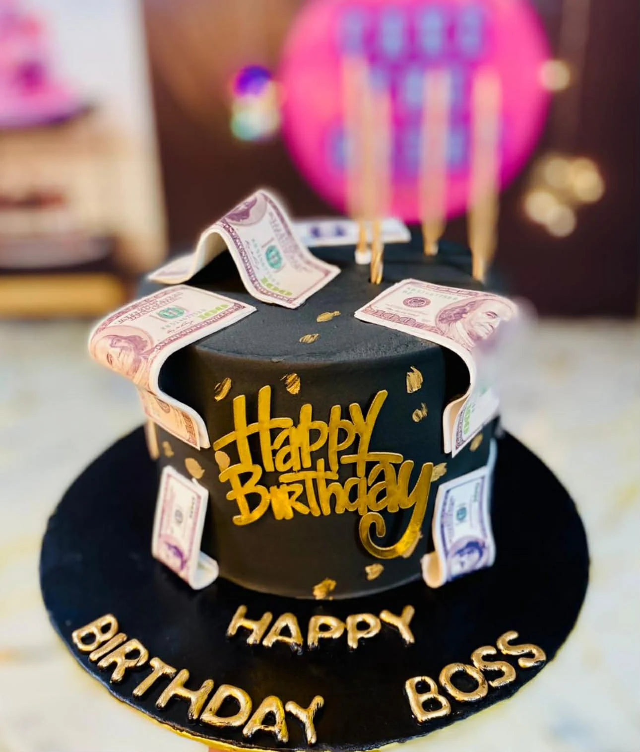 Black themed 3 lbs birthday cake with fondant dollar design for boss.