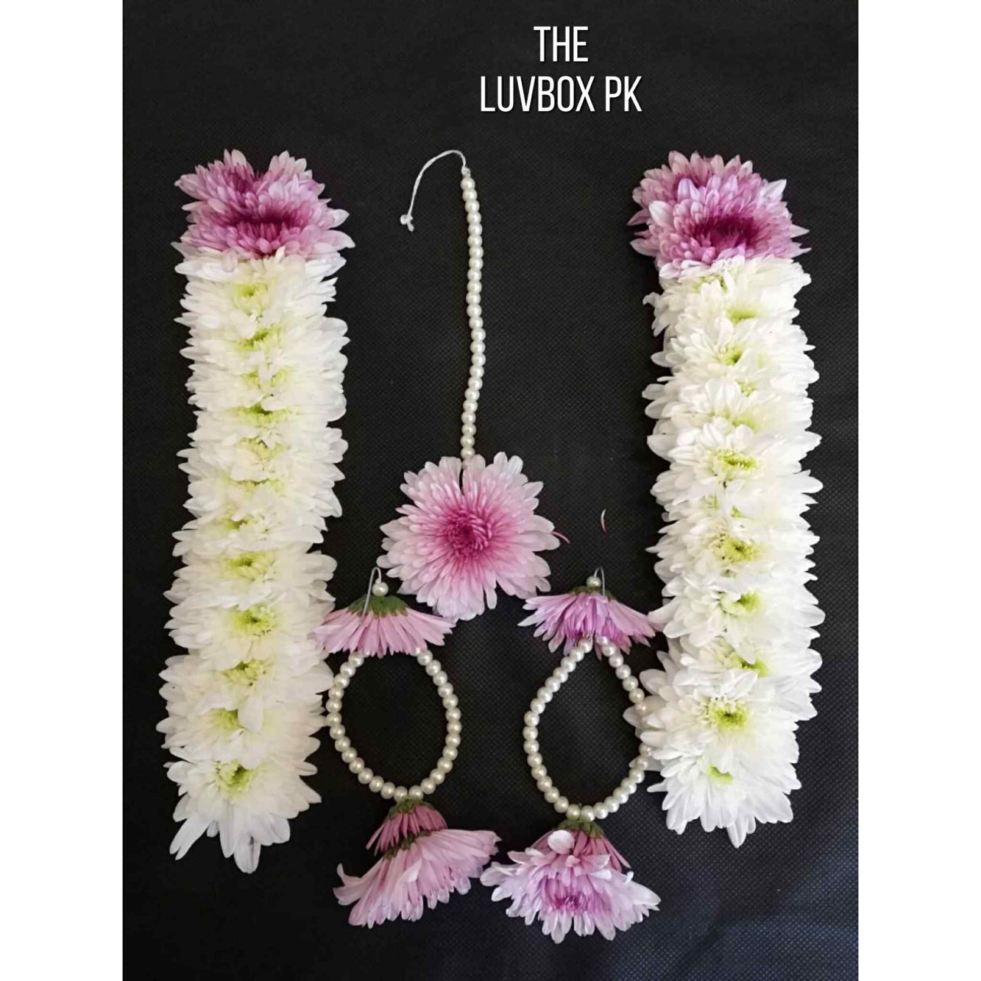Luxury bridal floral jewelry set with white & pink chrysanthemums, earrings & bindiya in Islamabad.