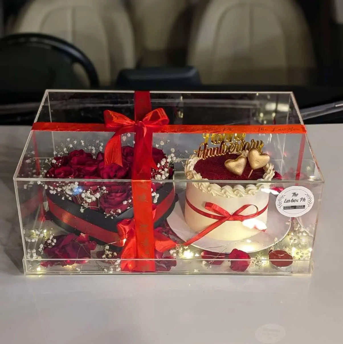 Eternal Elegance Anniversary Box – Luxury Acrylic Cake & Flower Combo