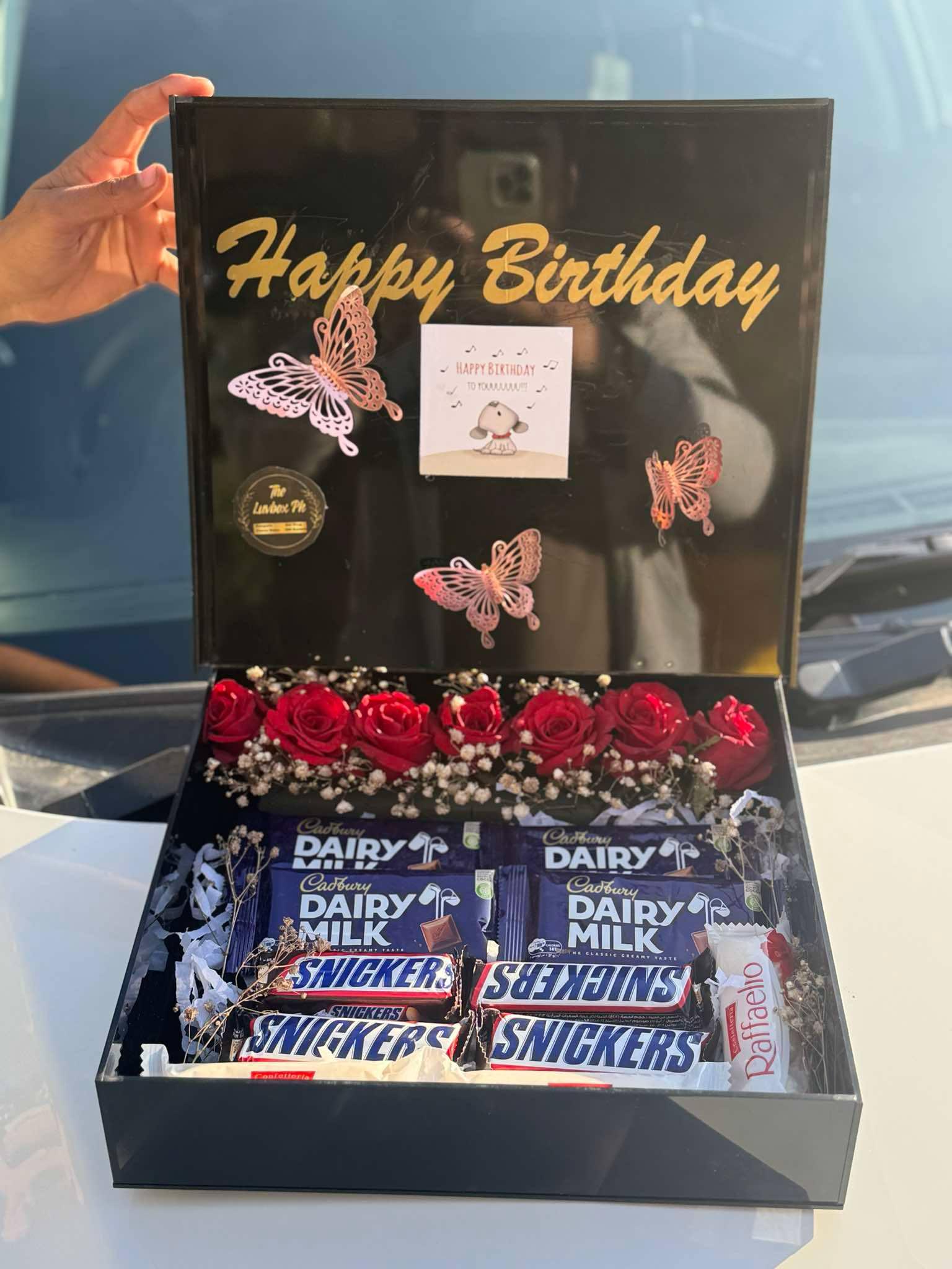 Black Luxe Acrylic Box with Golden Message, Chocolates & Roses