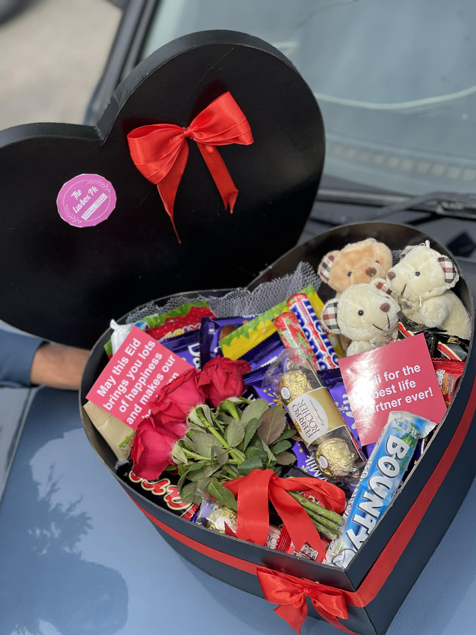 Eid Mubarak treat box for kids with chocolates and mini teddy bear