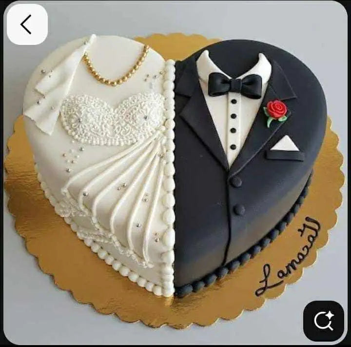 Eternal Vows luxury wedding cake – half heart design with groom’s suit & bride’s gown, 3–4 lbs centerpiece.