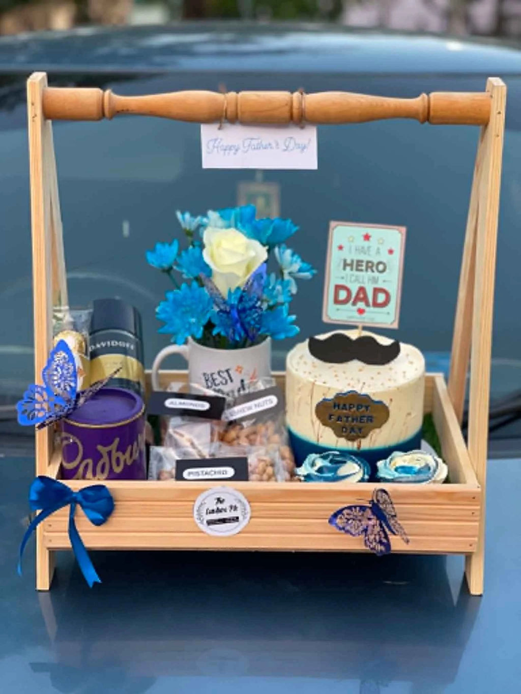 Father’s Day Luxury Wooden Basket – Custom Cake, Dry Fruits, Mug & Davidoff Coffee