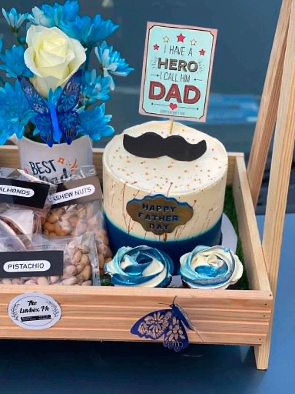 Father’s Day Luxury Wooden Basket – Custom Cake, Dry Fruits, Mug & Davidoff Coffee