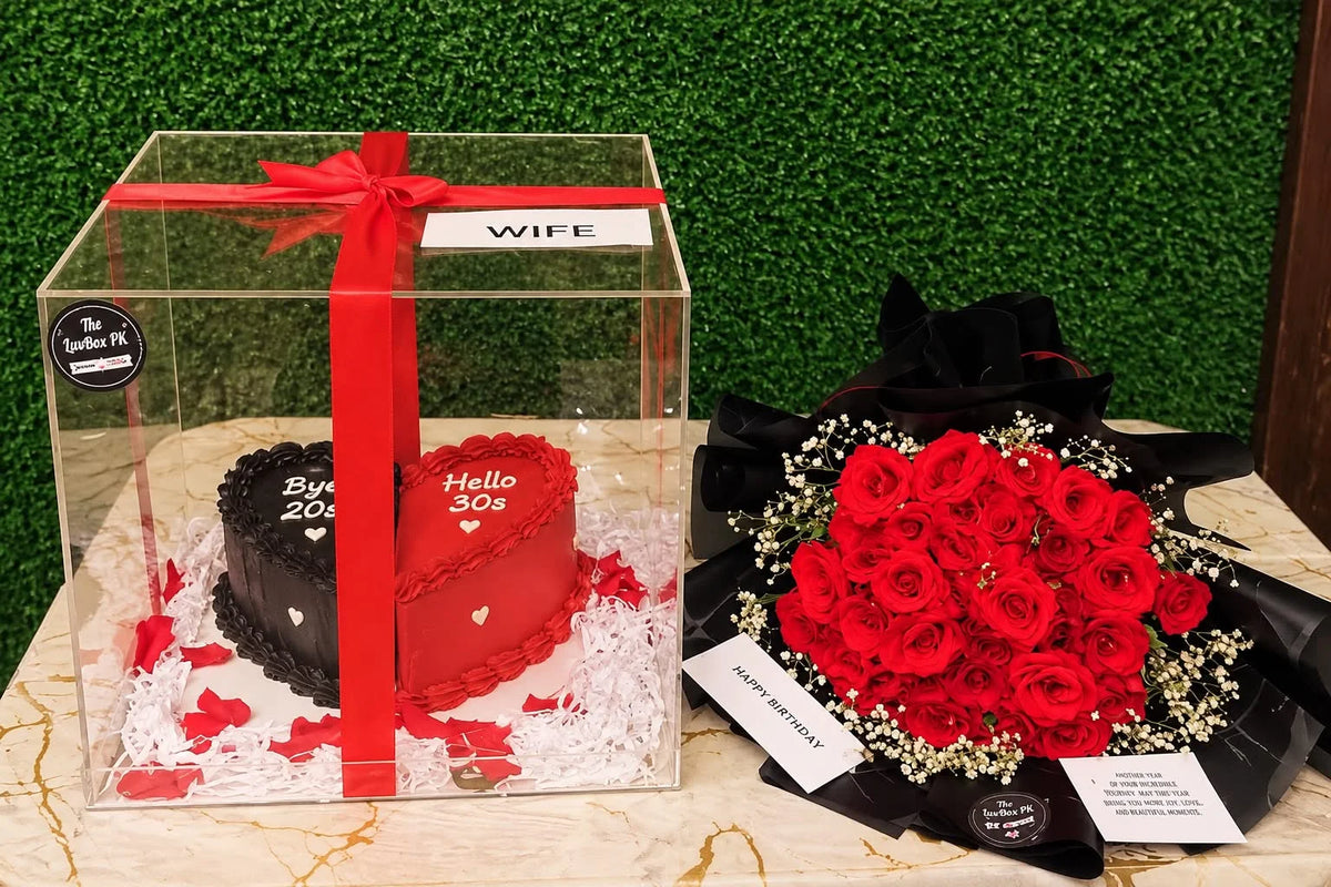 Luxury romantic gift for wife with 3 lbs heart-shaped cake in acrylic box and fresh red rose bouquet Pakistan