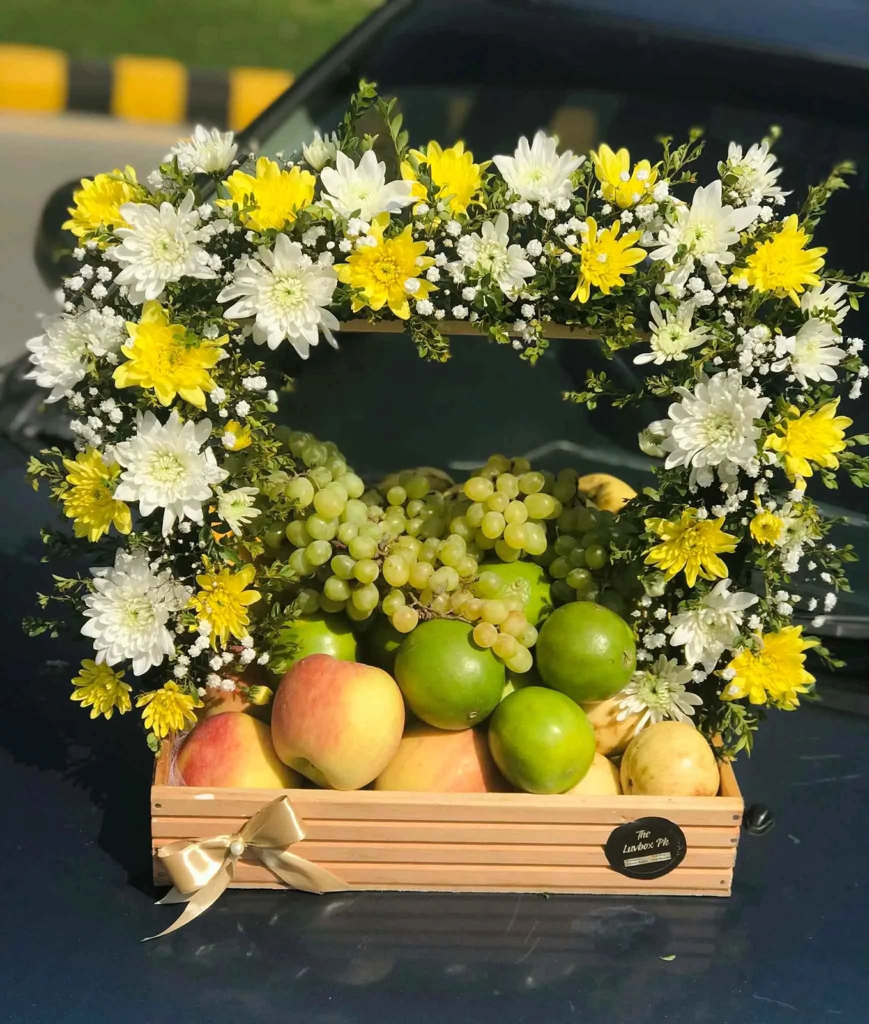 Blossom Fresh – Floral Arch Fruit Basket in Wooden Tray