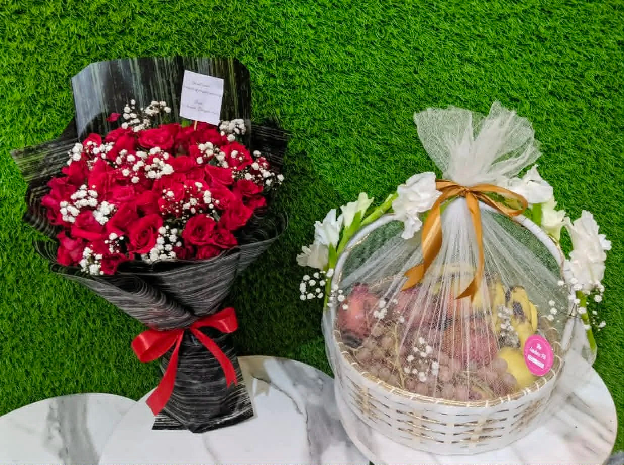 Get well soon fruit basket 3–5 kg with red rose bouquet luxury gift for her Pakistan delivery