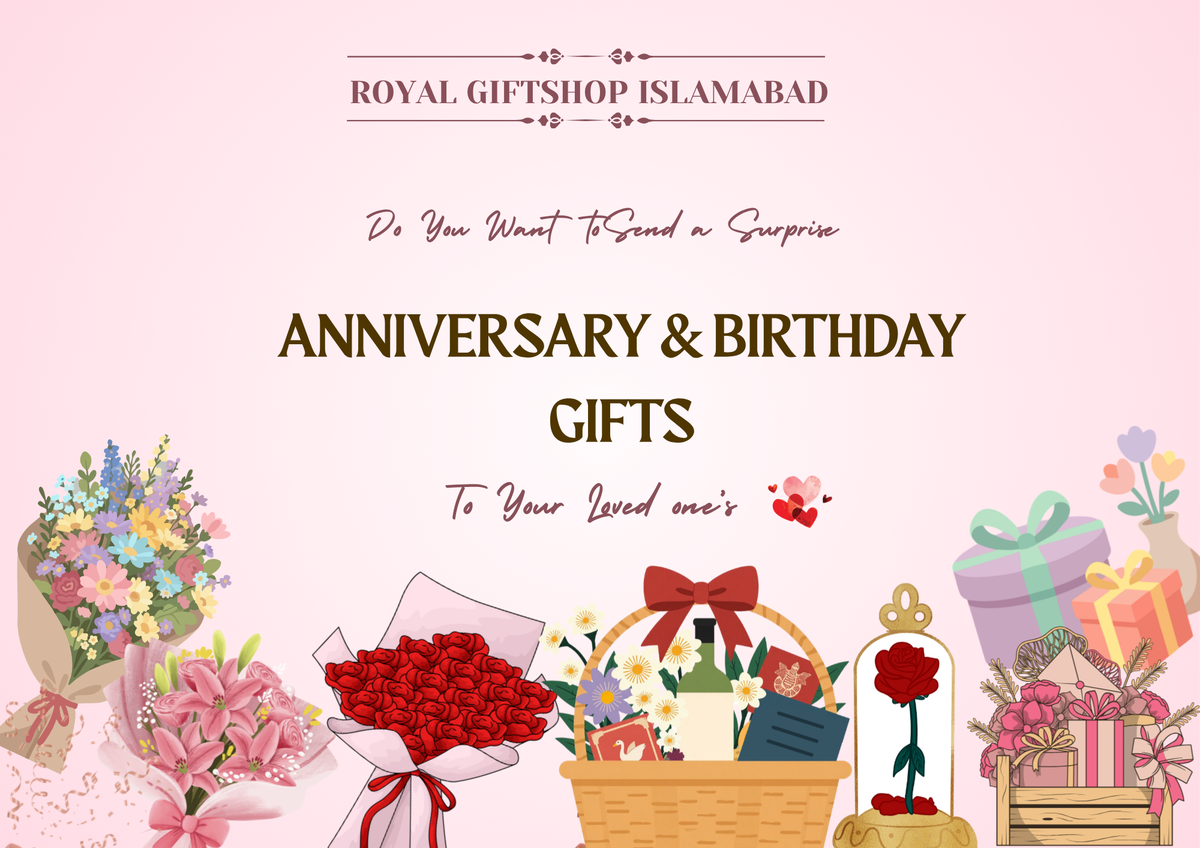 Royal Giftshop Islamabad offering anniversary and birthday gifts with illustrations of flowers, baskets, and gift boxes on a pink background.