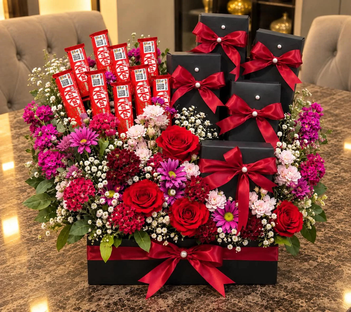 Luxury grande flower gift box featuring a beautiful arrangement of fresh flowers and assorted premium chocolates for birthday and anniversary gifting in Pakistan