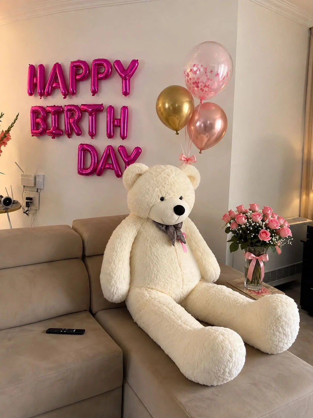 Birthday surprise for her with 6 feet white teddy bear pink roses bouquet and Happy Birthday balloons Islamabad