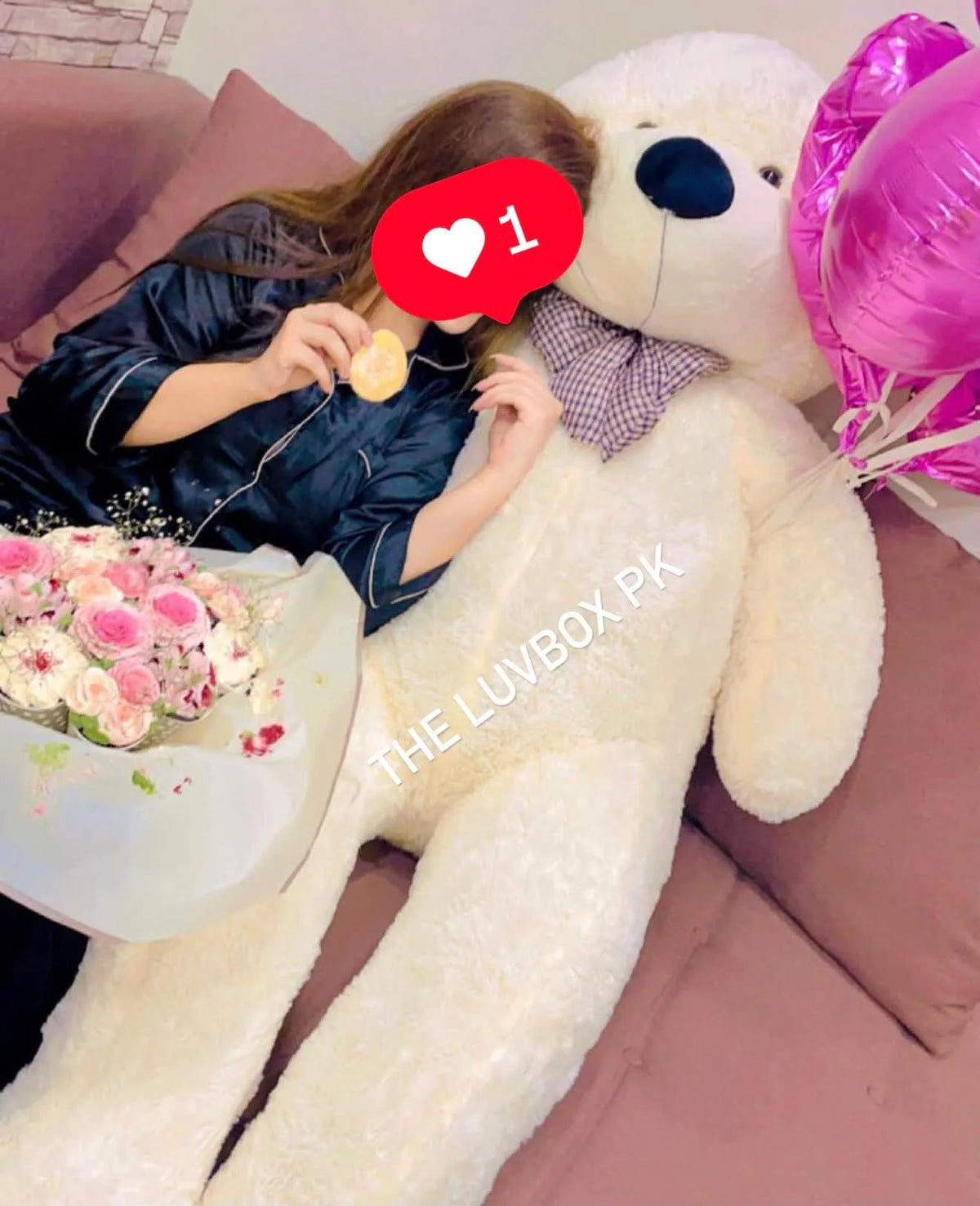 Happy customer with 6 feet white teddy bear from Royal Gift Shop Islamabad