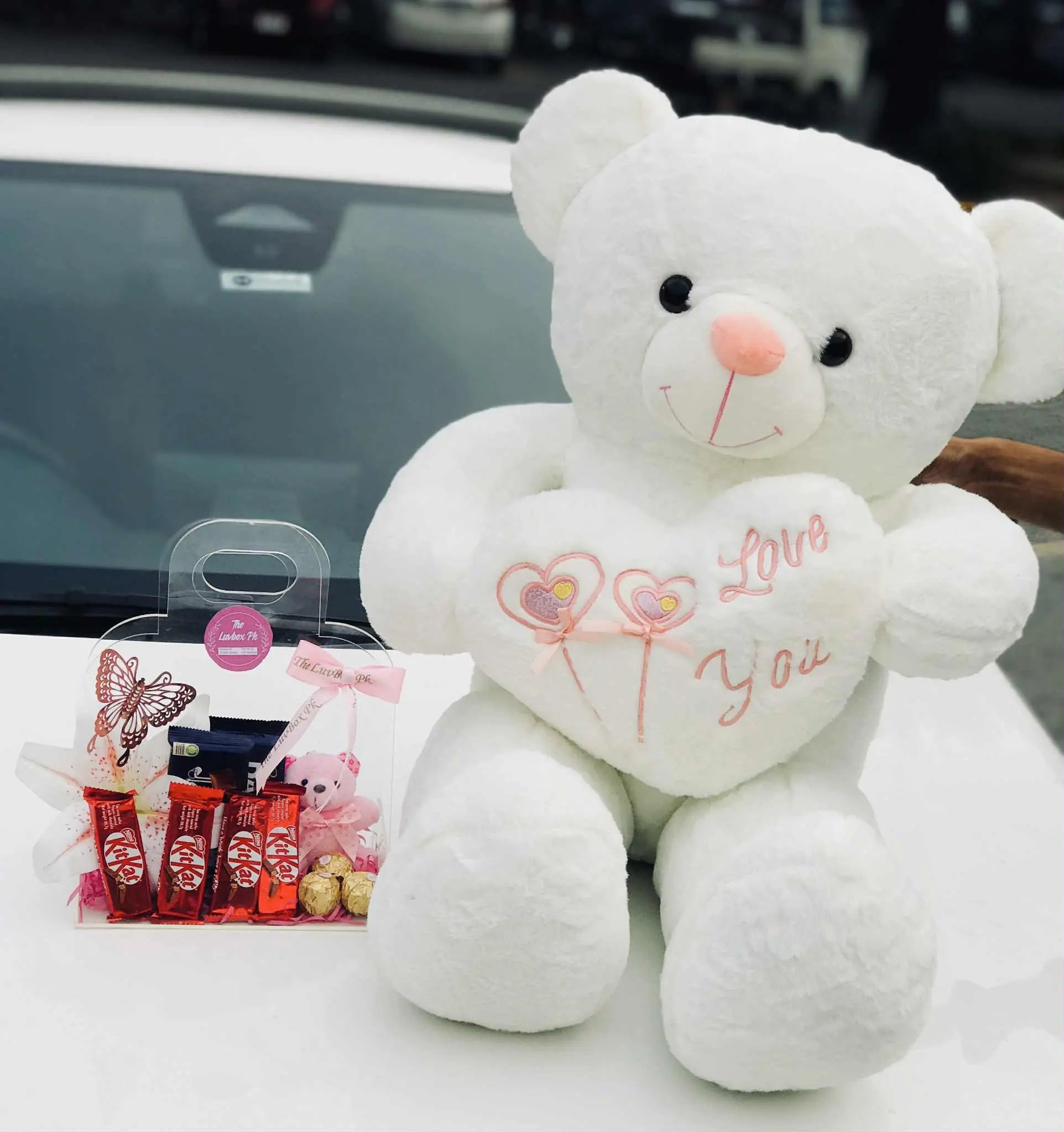 I Miss You combo with 3–4 feet teddy bear and acrylic bag filled with chocolates – romantic gift from Islamabad.