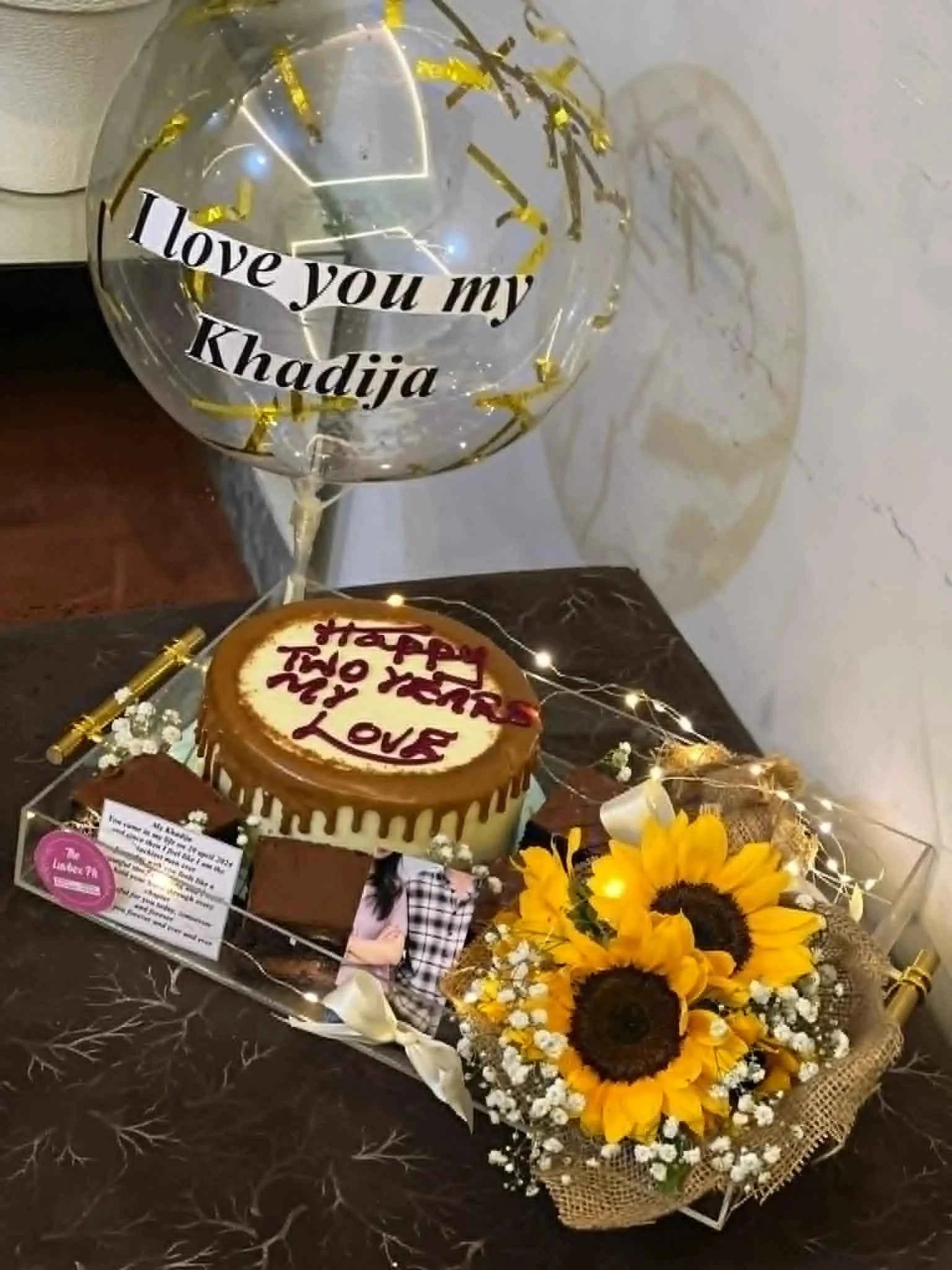 Eternal Love Acrylic Tray – “I Love You” Anniversary Set with Cake, Brownies & Sunflower Bouquet