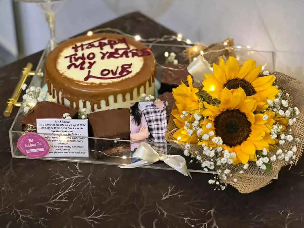 Eternal Love Acrylic Tray – “I Love You” Anniversary Set with Cake, Brownies & Sunflower Bouquet